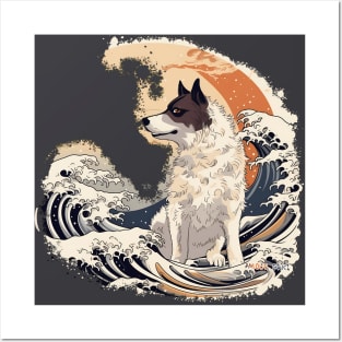 Whimsical Ukiyo-e Dog in Kanagawa Waves Posters and Art